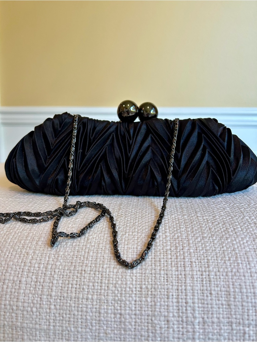 Cache Black Satin Ruched Clutch with Ball-Top Clasp and Chain